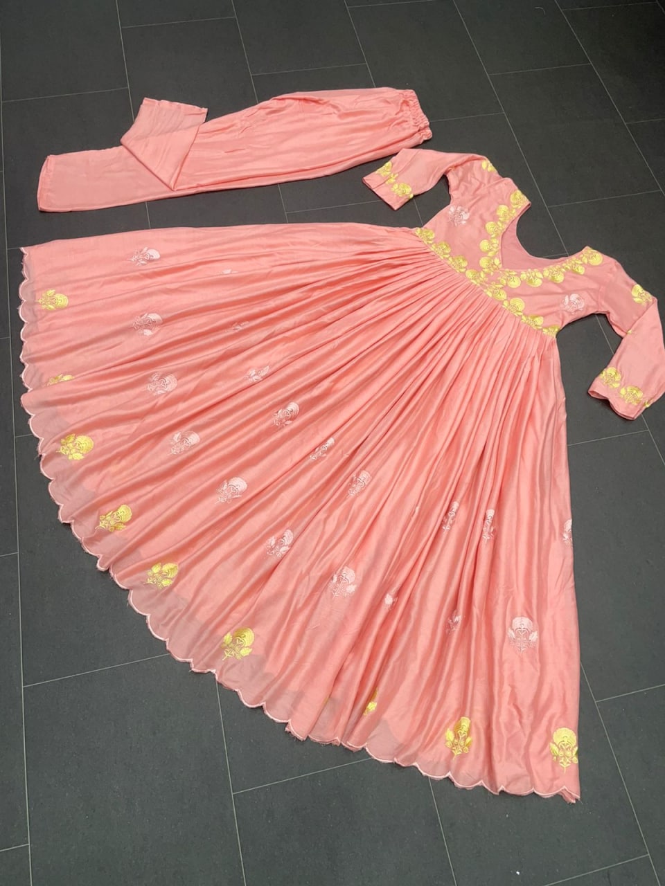 Peach Anarkali Suit In Maslin Cotton With Embroidery Work