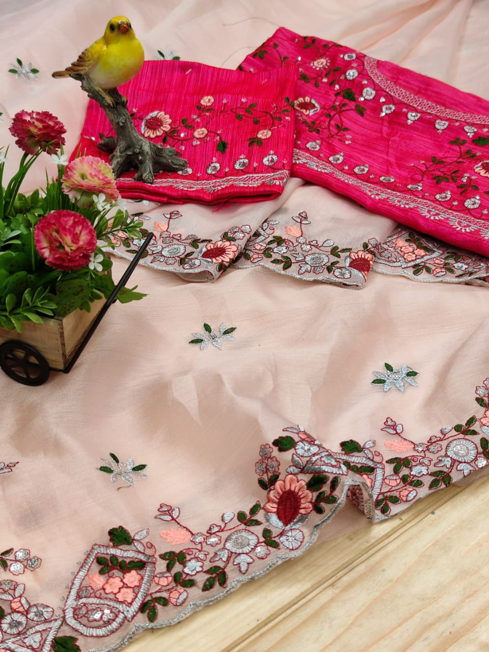 Peach Saree In Organza Silk With Sequence Thread Embroidery Work