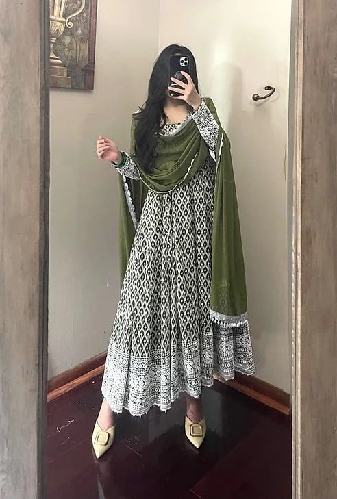 Mehendi Green Anarkali Suit In Georgette Silk With Chain Stitch Work