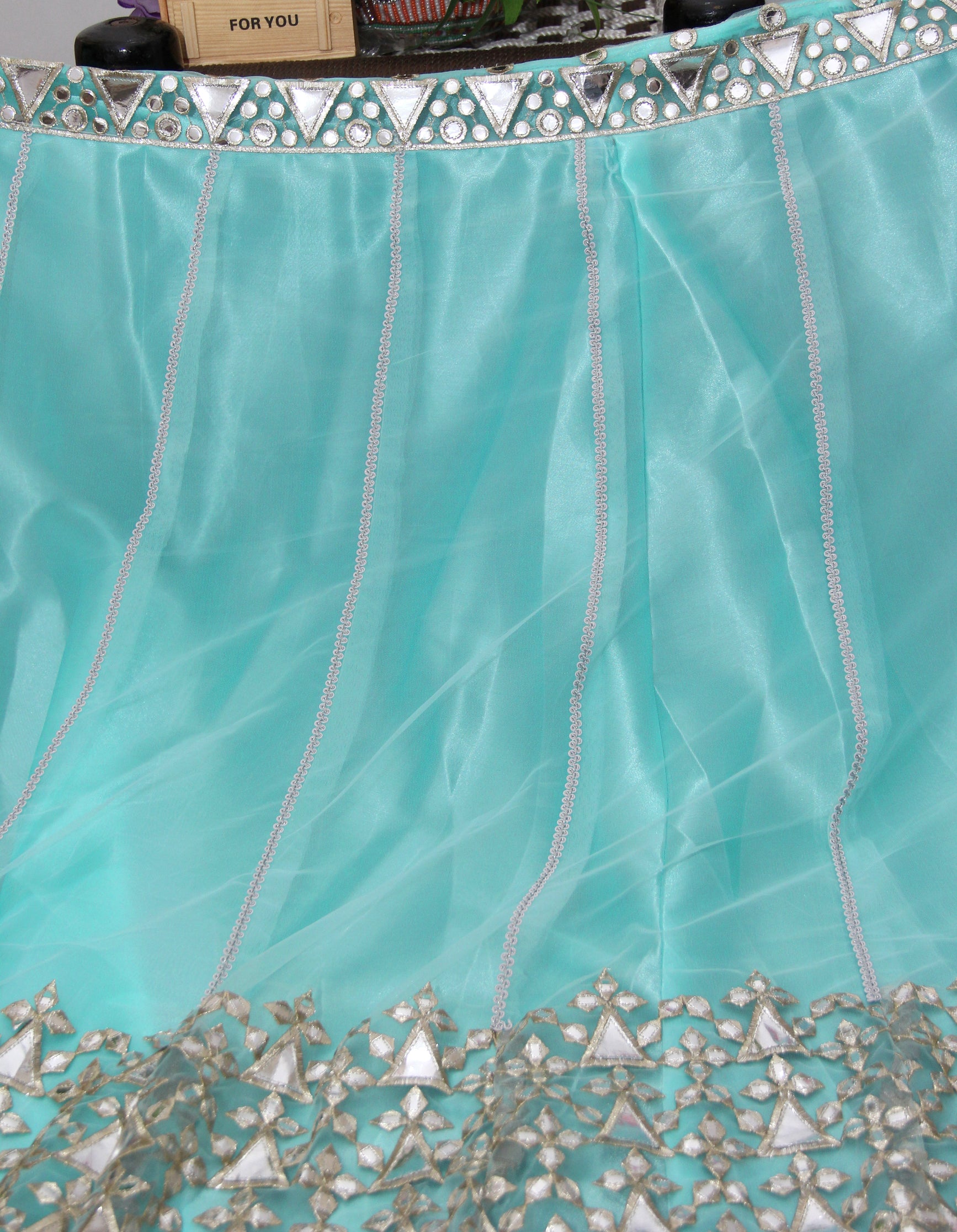 Aqua Blue Lehenga Choli In Butterfly Mono Net With Paper Mirror Work