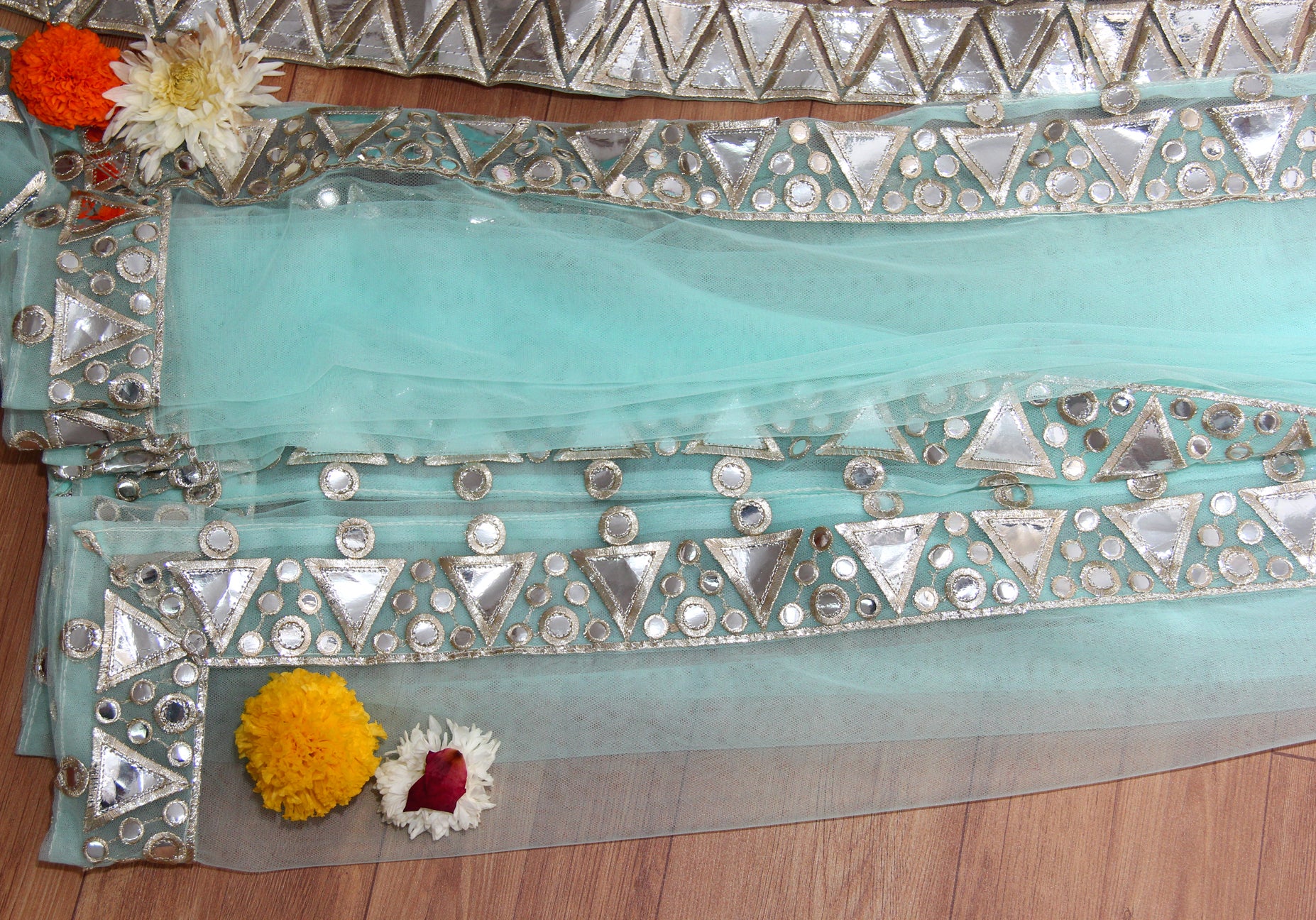 Aqua Blue Lehenga Choli In Butterfly Mono Net With Paper Mirror Work