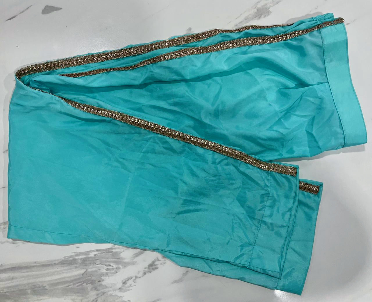 Aqua Blue Salwar Suit In Crape,Organza Silk With Sequence Zari Work