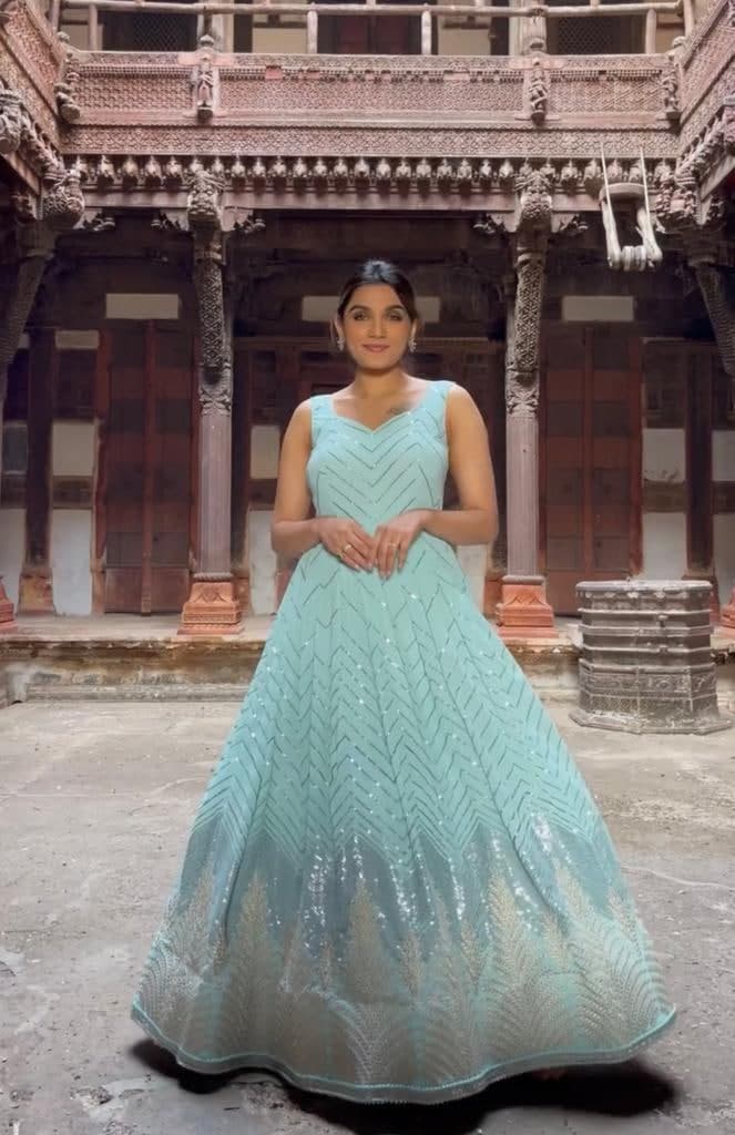 Aqua Gown In Fox Georgette With Embroidery 5 MM Sequence Work