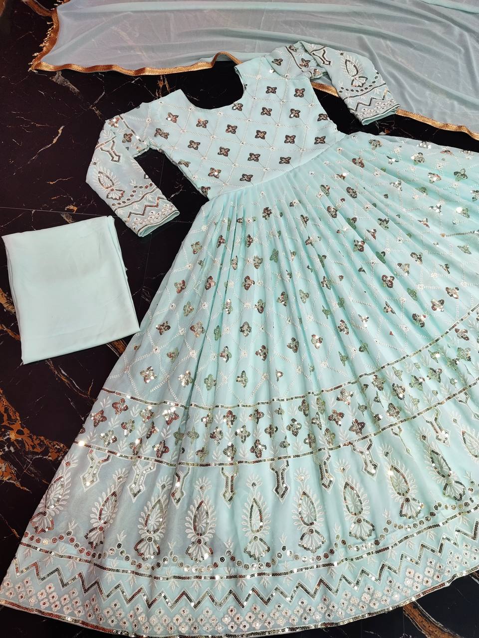 Aqua Anarkali Suit In Fox Georgette With Embroidery Work