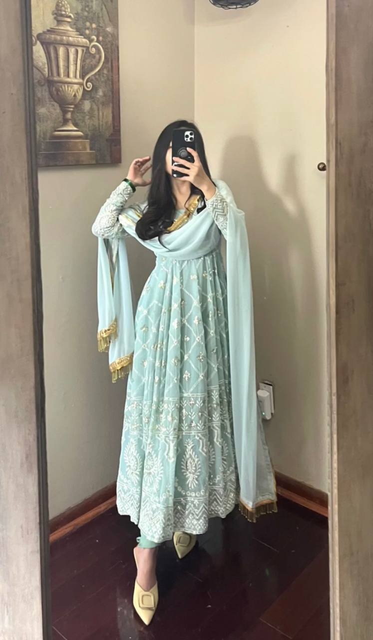 Aqua Anarkali Suit In Fox Georgette With Embroidery Work