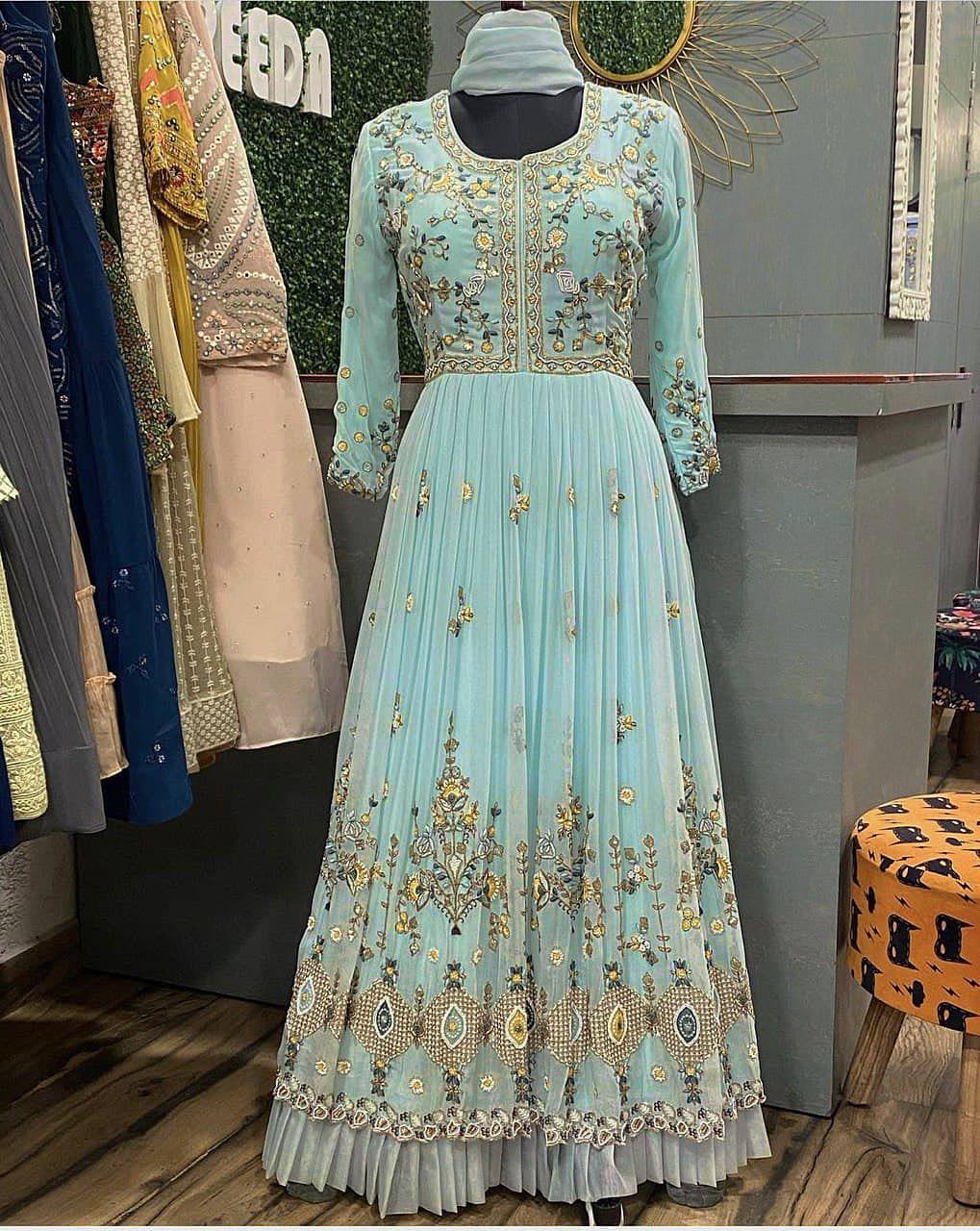 Aqua Gown In Fox Georgette With Embroidery Work