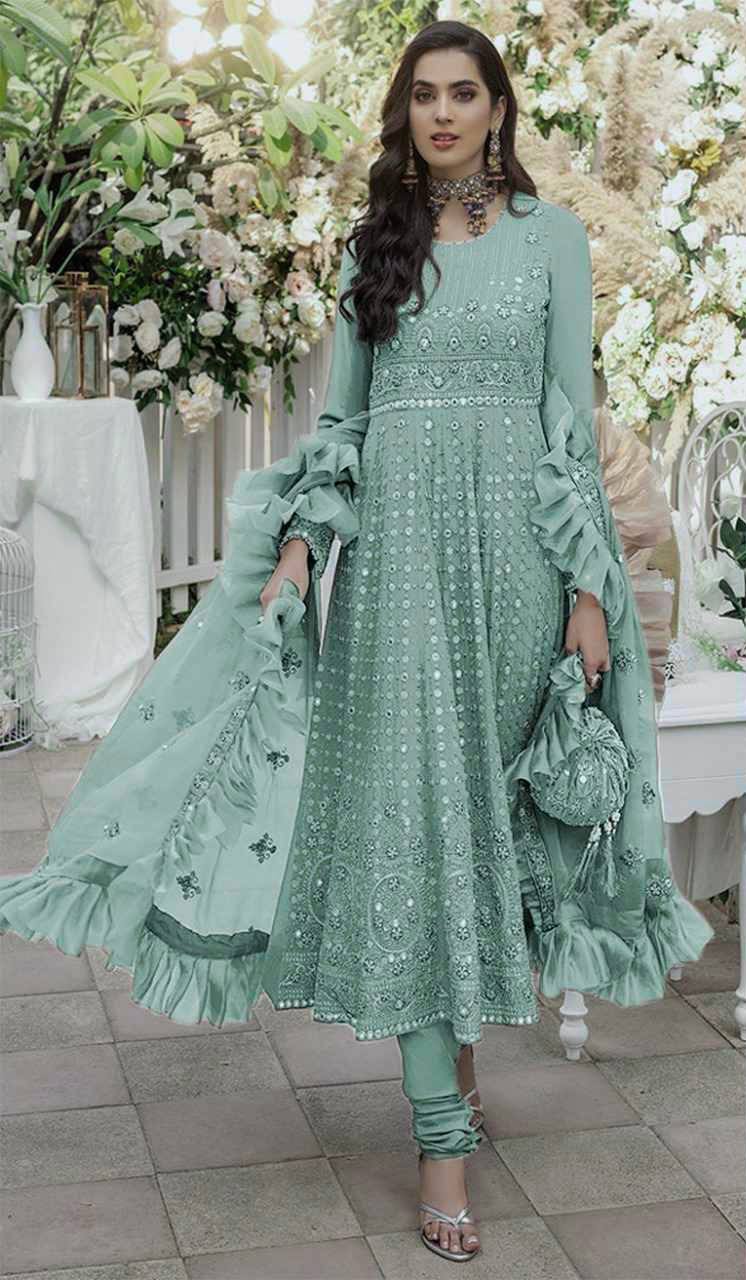 Aqua Anarkali Suit In Fox Georgette With Sequence Work