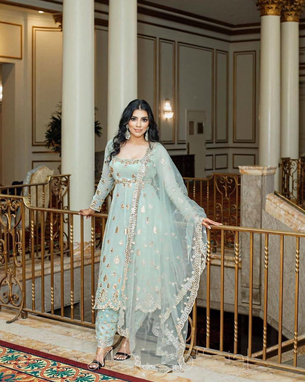 Aqua Salwar Suit In Georgette Silk With 9 MM Sequence Work