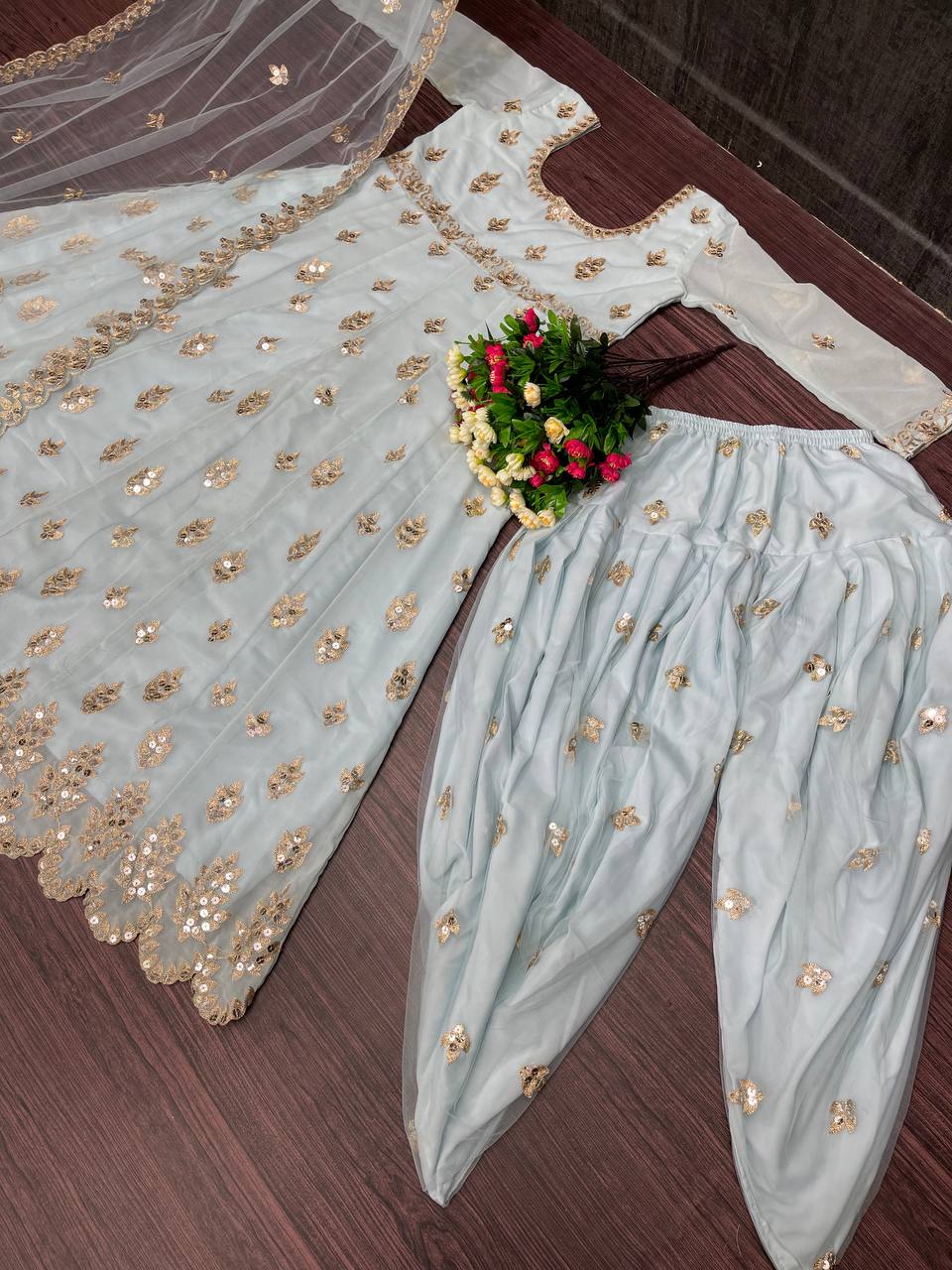 Aqua Salwar Suit In Georgette Silk With 9 MM Sequence Work