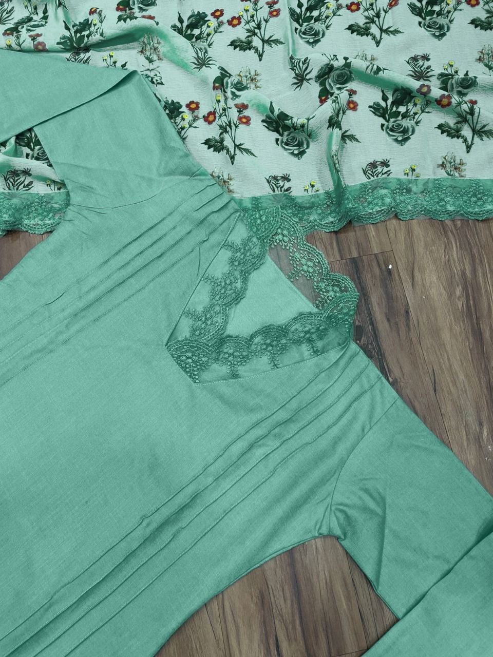 Aqua Green Salwar Suit In Slub Cotton With Lace Work