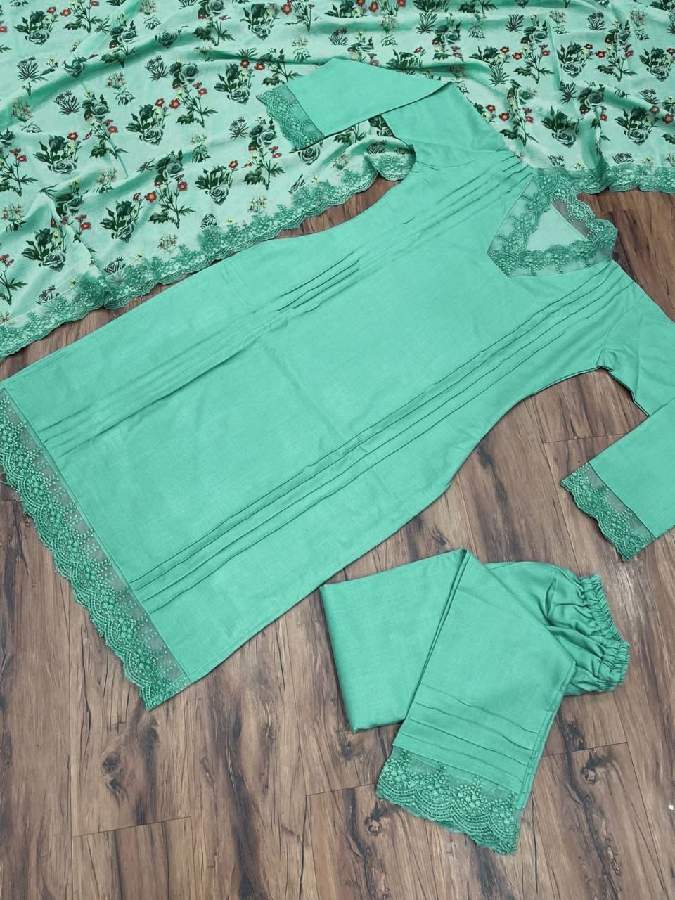 Aqua Green Salwar Suit In Slub Cotton With Lace Work
