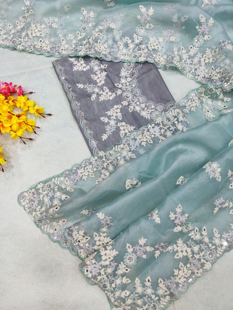 Aqua  Saree In Organza Silk With Sequence Thread Embroidery Work