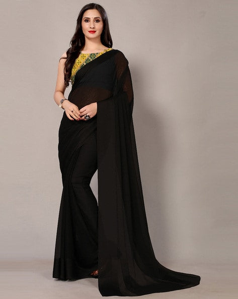 Black Saree In Georgette Silk With Plain