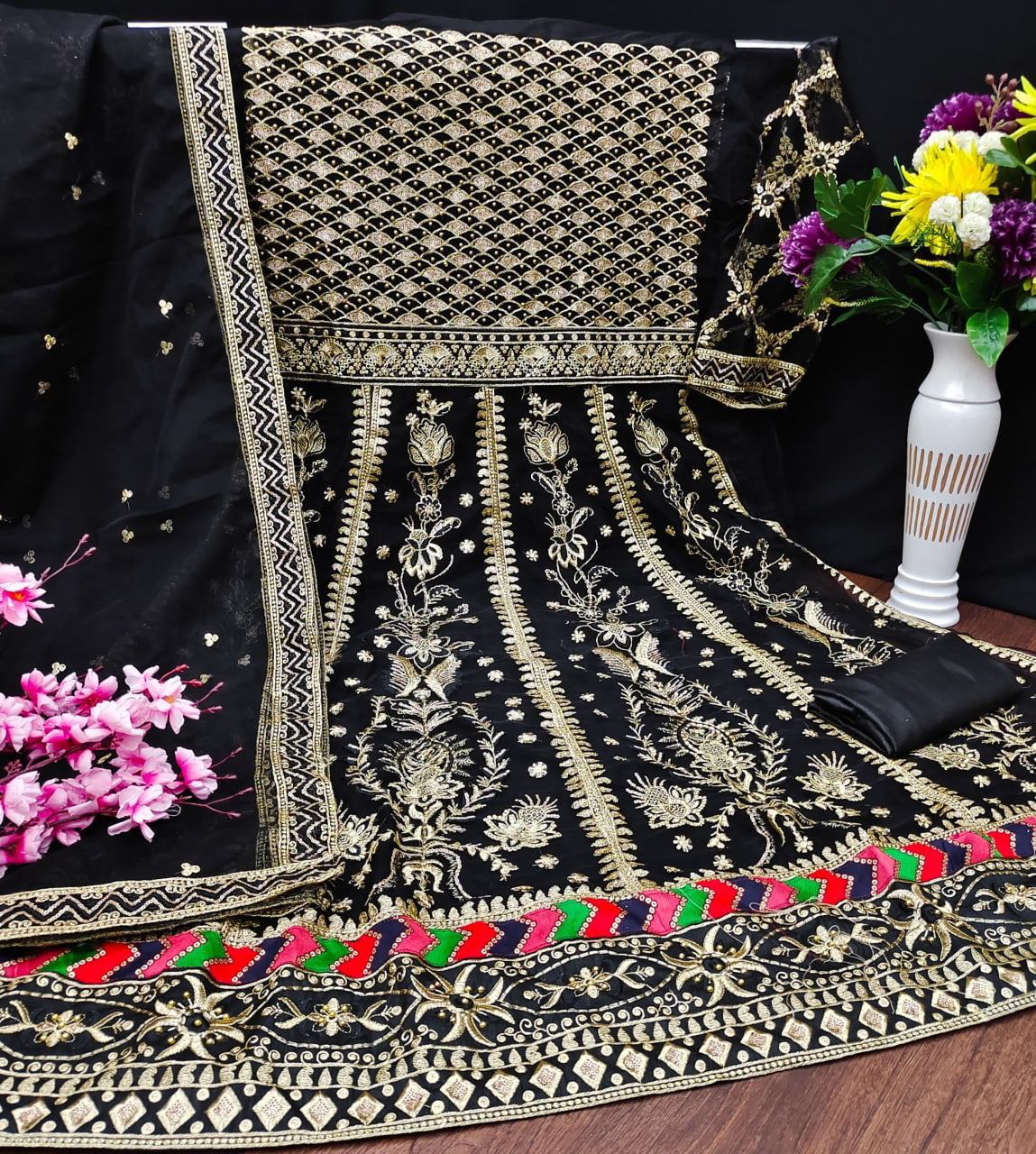 Black Salwar Suit Nylon Mono Net Sequence Embroidery Work
