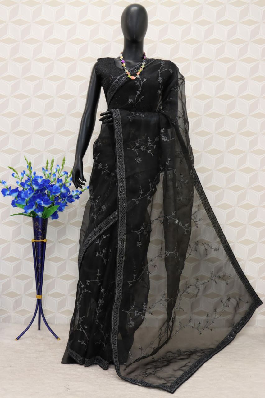 Black Saree In Organza Silk With Embroidery Work