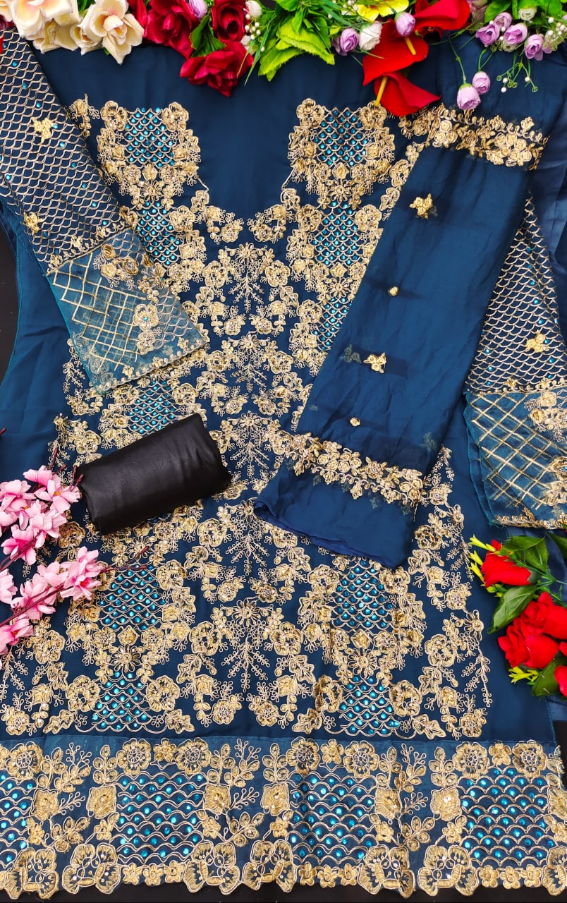 Blue Salwar Suit In Georgette Silk With Embroidery Work