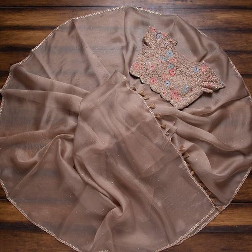 Brown Saree In Organza Silk With Sequence Work
