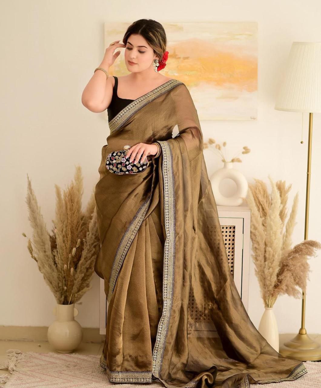 Coffee Rangoli Silk Multi Thread Sequence Work Saree With Stitched Blouse