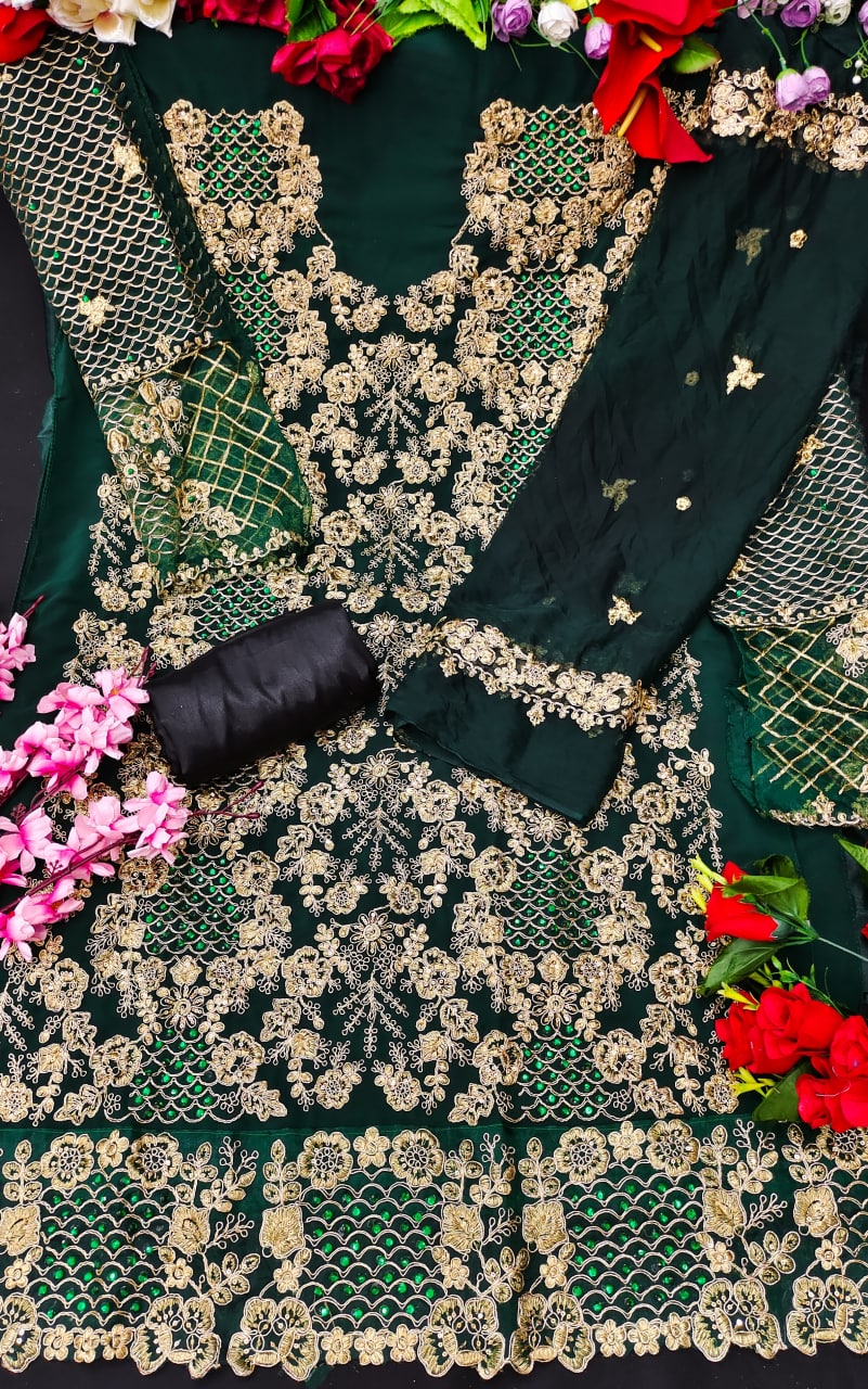 Dark Green Salwar Suit In Georgette Silk With Embroidery Work