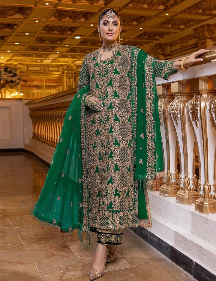 Dark Green Salwar Suit In Georgette Silk With Embroidery Work