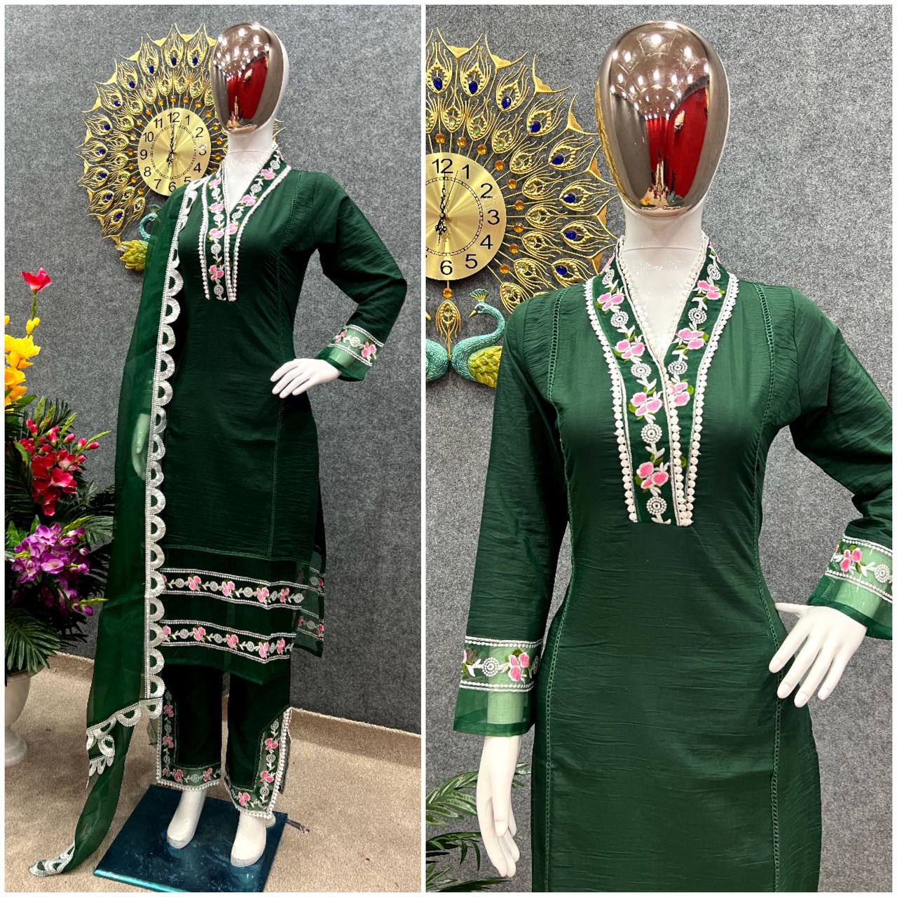 Dark Green Salwar Suit In Soft Maska Cotton Silk With Embroidery Work