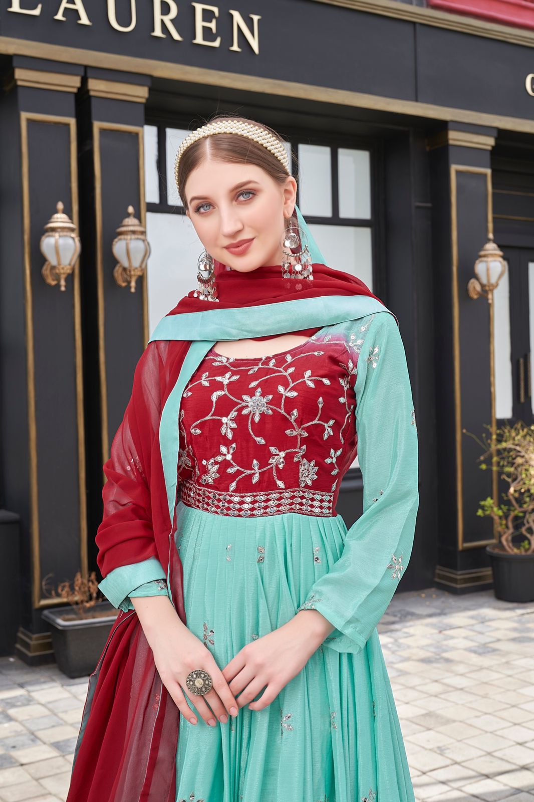 Firozi Anarkali Suit In Chinon Silk With 9 MM Sequence Work