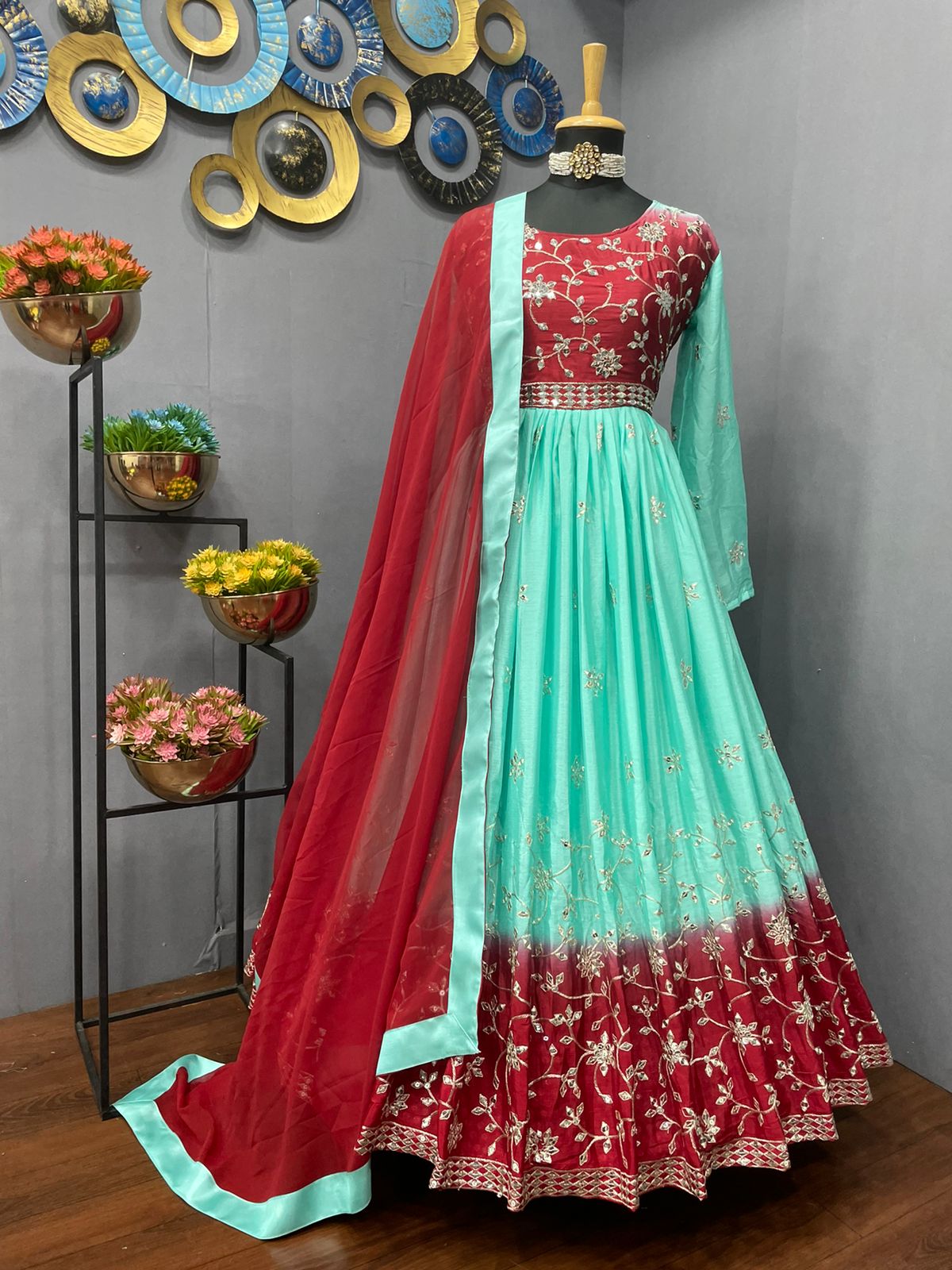 Firozi Anarkali Suit In Chinon Silk With 9 MM Sequence Work