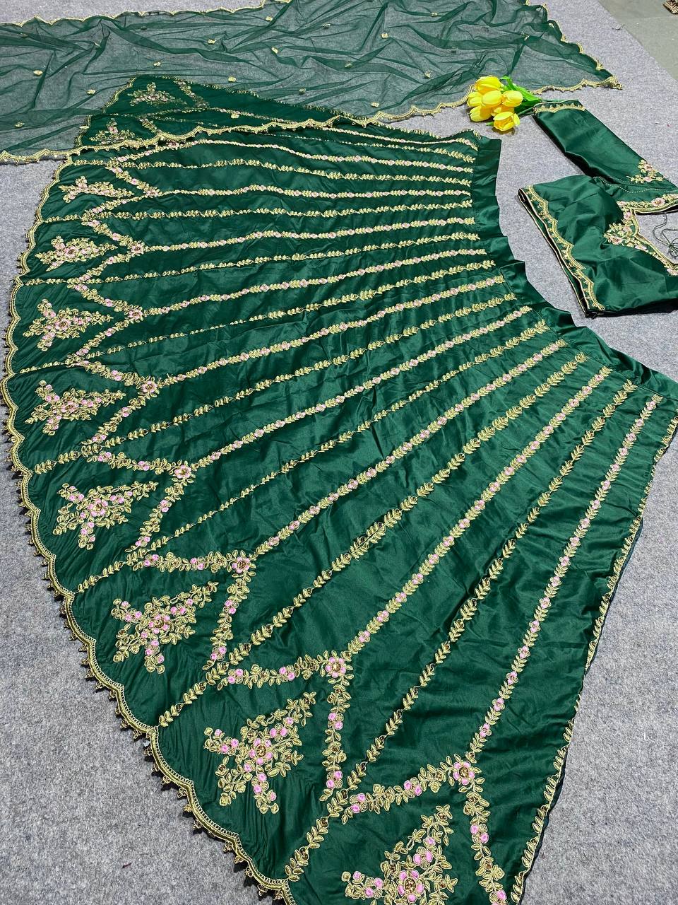 Green Lehenga Choli In Malai Satin Silk With 5 MM Sequence Work