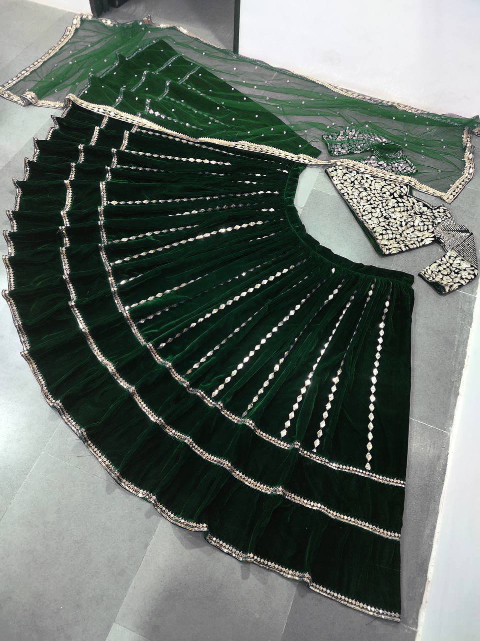 Green Lehenga Choli In Velvet With Embroidery Work