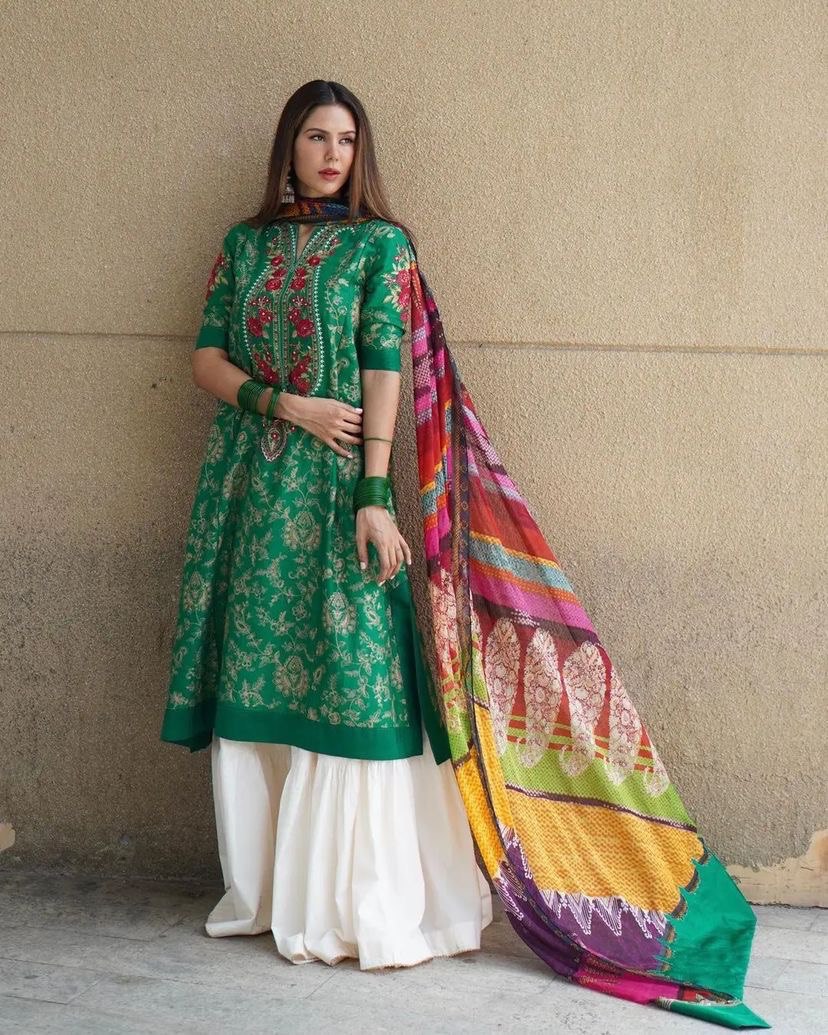 Green Sharara Suit In Zam Cotton With Embroidery Work