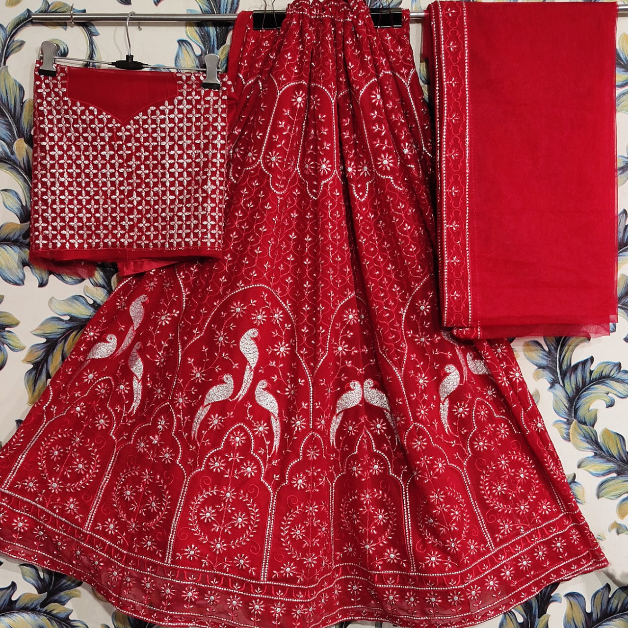 Red Lehenga Choli In Net,Silk With Embroidery Work