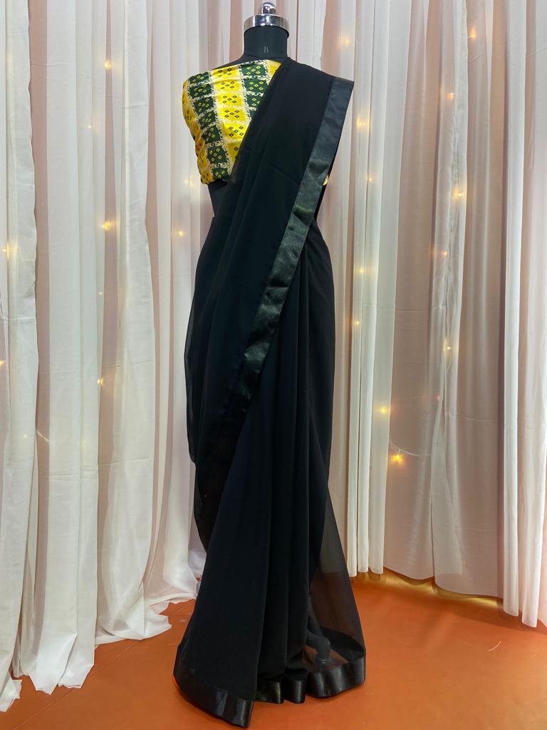 Black Saree In Georgette Silk With Plain