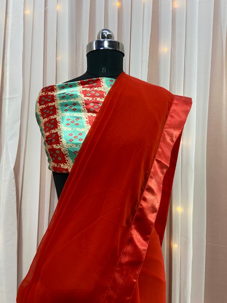 Red Saree In Georgette Silk With Plain