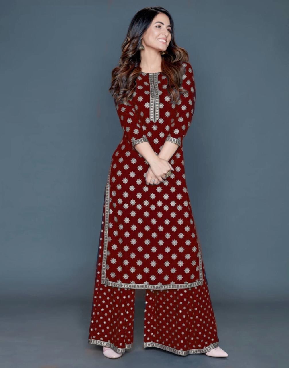 Maroon Salwar Suit In 14 KG Ryon With Gold Print
