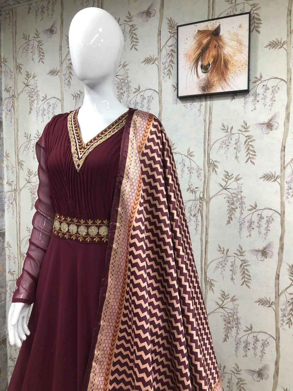 Maroon Georgette Silk Heavy Sequence Embroidery Work Gown