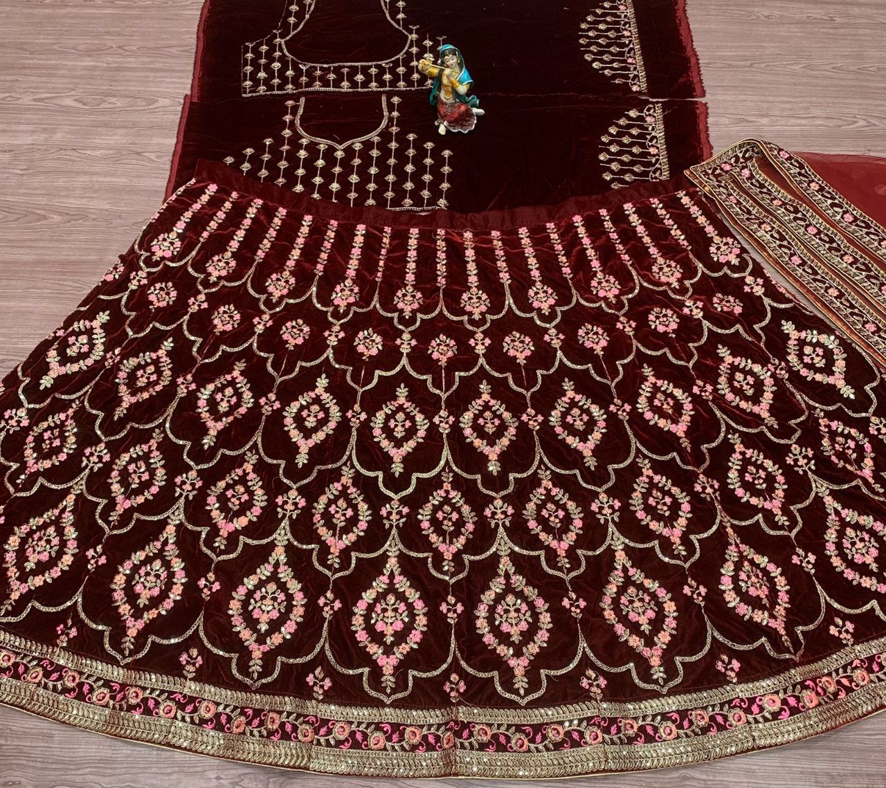 Maroon Lehenga Choli In Velvet Cording With Embroidery Work