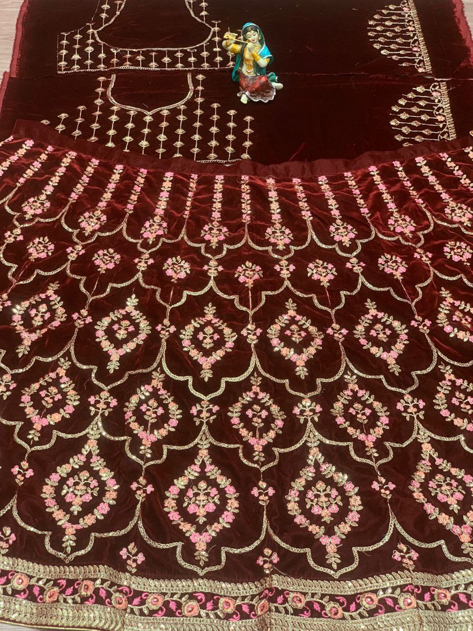 Maroon Lehenga Choli In Velvet Cording With Embroidery Work