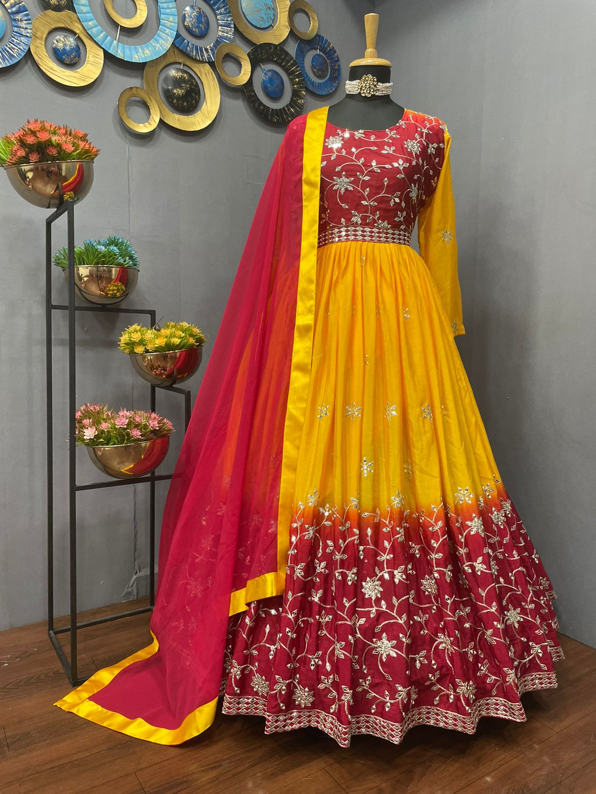 Mustard Yellow Anarkali Suit In Chinon Silk With 9 MM Sequence Work