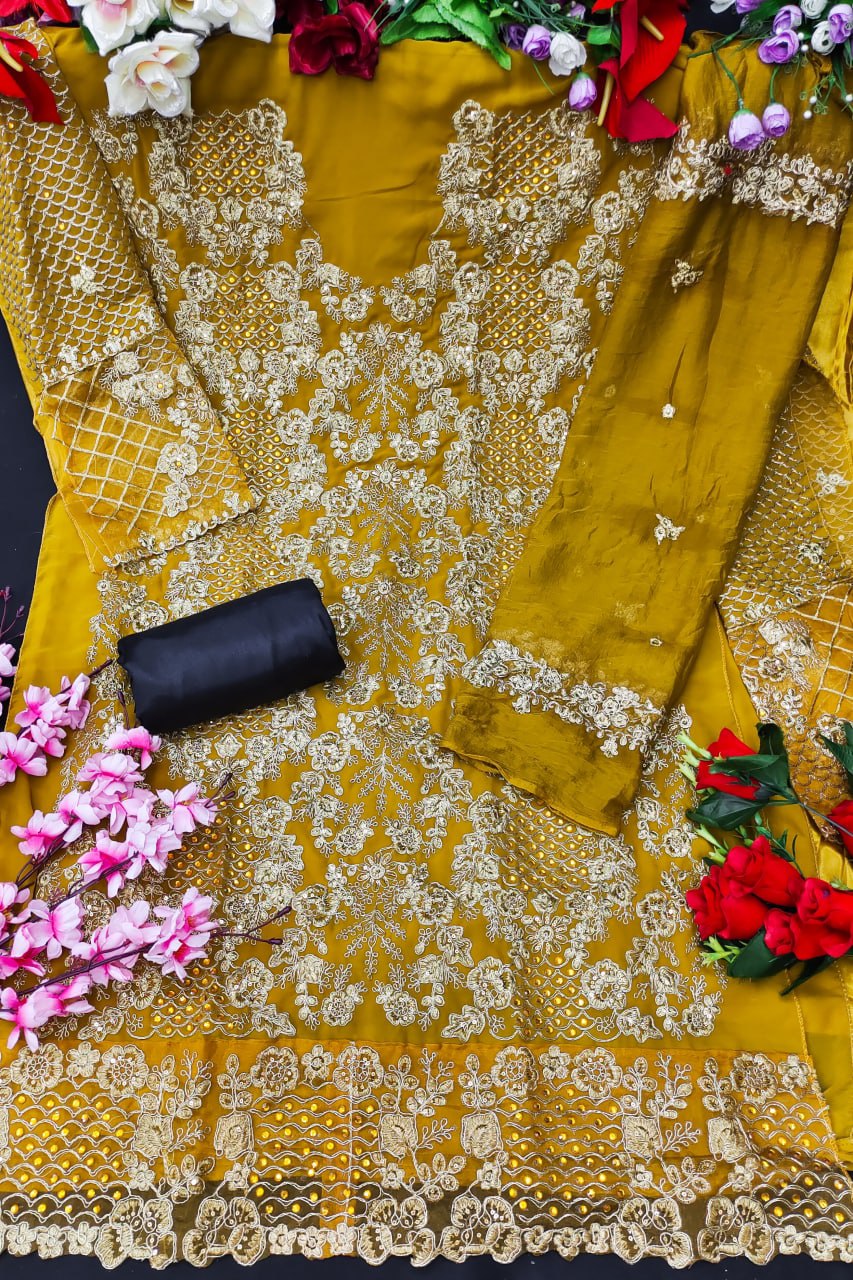Mustard Yellow Salwar Suit In Georgette Silk With Embroidery Work