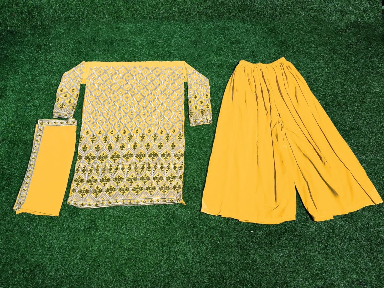 Mustard Yellow Sharara Suit In Georgette Silk With Thread Work