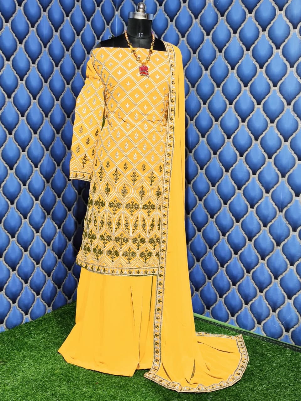 Mustard Yellow Sharara Suit In Georgette Silk With Thread Work