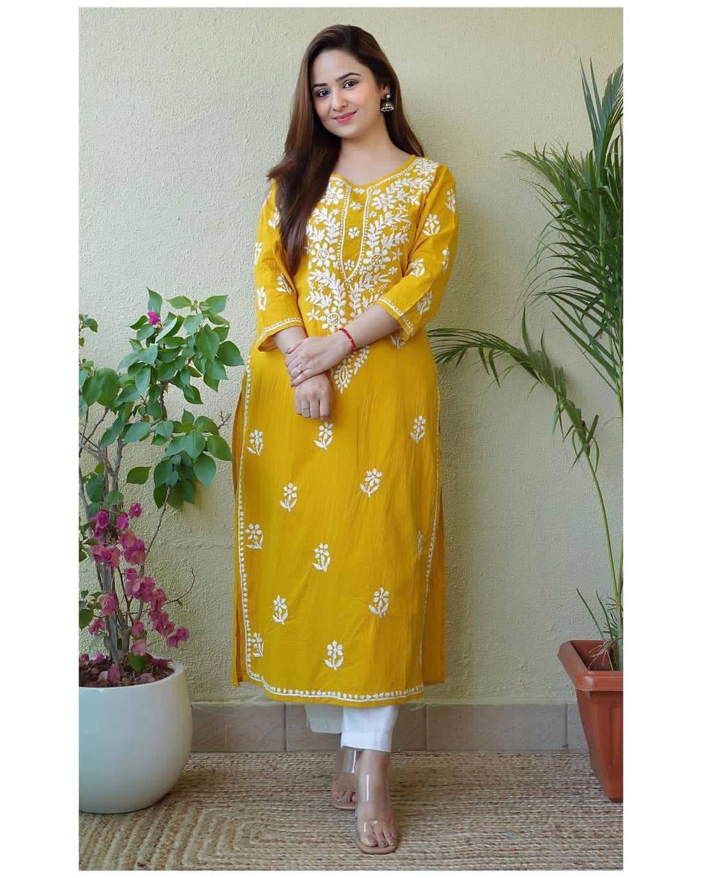 Mustard Yellow Palazzo Suit In Ryon Cotton With Embroidery Work