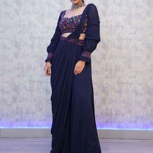 Navy Blue Palazzo Suit In Georgette Silk With Thread Work