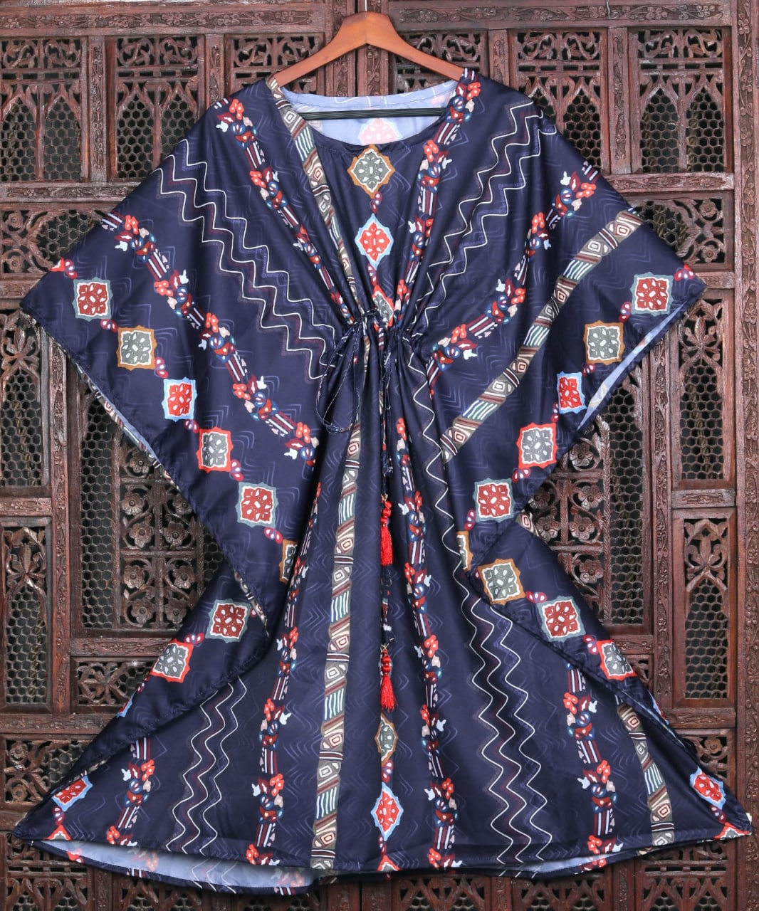 Navy Blue Heavy Butter Silk Digital Printed Kaftan Dress