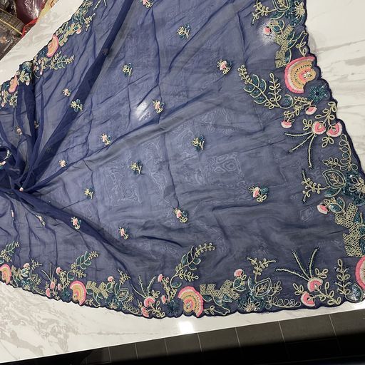 Navy Blue Saree In Organza Silk With Thread Work