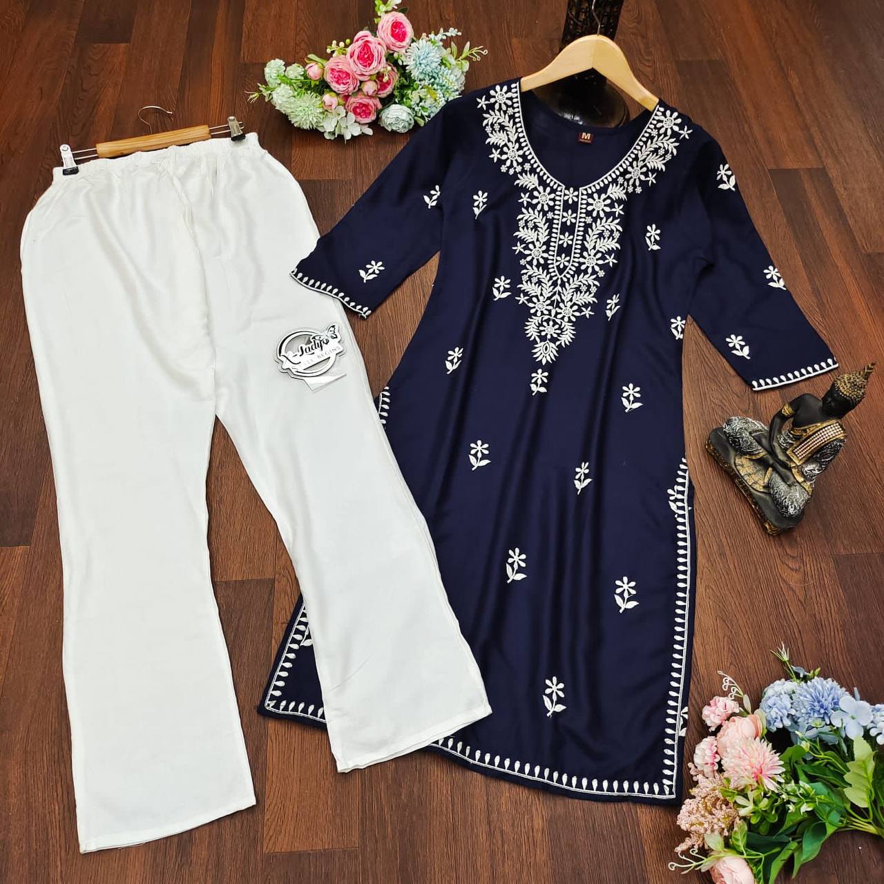 Navy Blue Palazzo Suit In Ryon Cotton With Embroidery Work