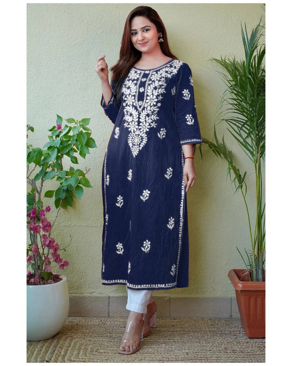 Navy Blue Palazzo Suit In Ryon Cotton With Embroidery Work