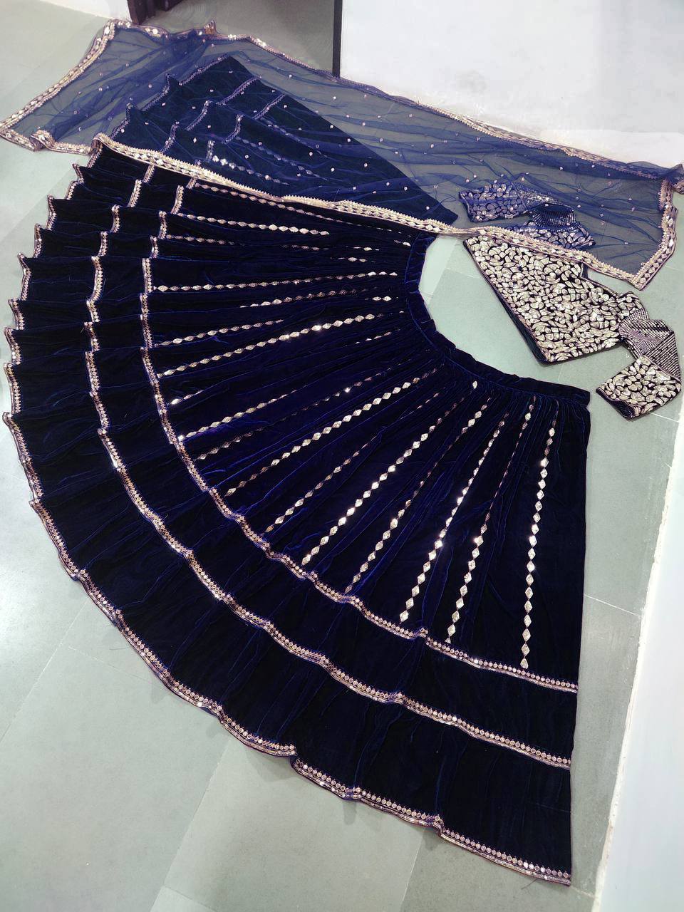 Navy Blue Lehenga Choli In Velvet With Embroidery Work