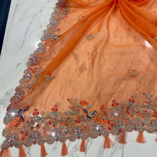 Orange Saree In Organza Silk With Zari Work
