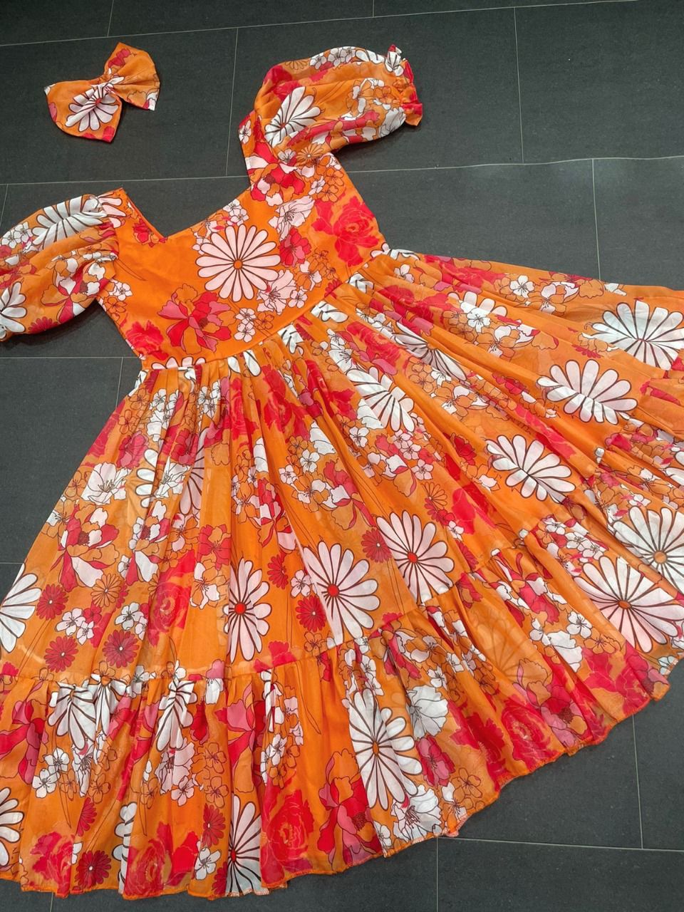 Orange Gown In Organza Tabby Silk With Digital Print